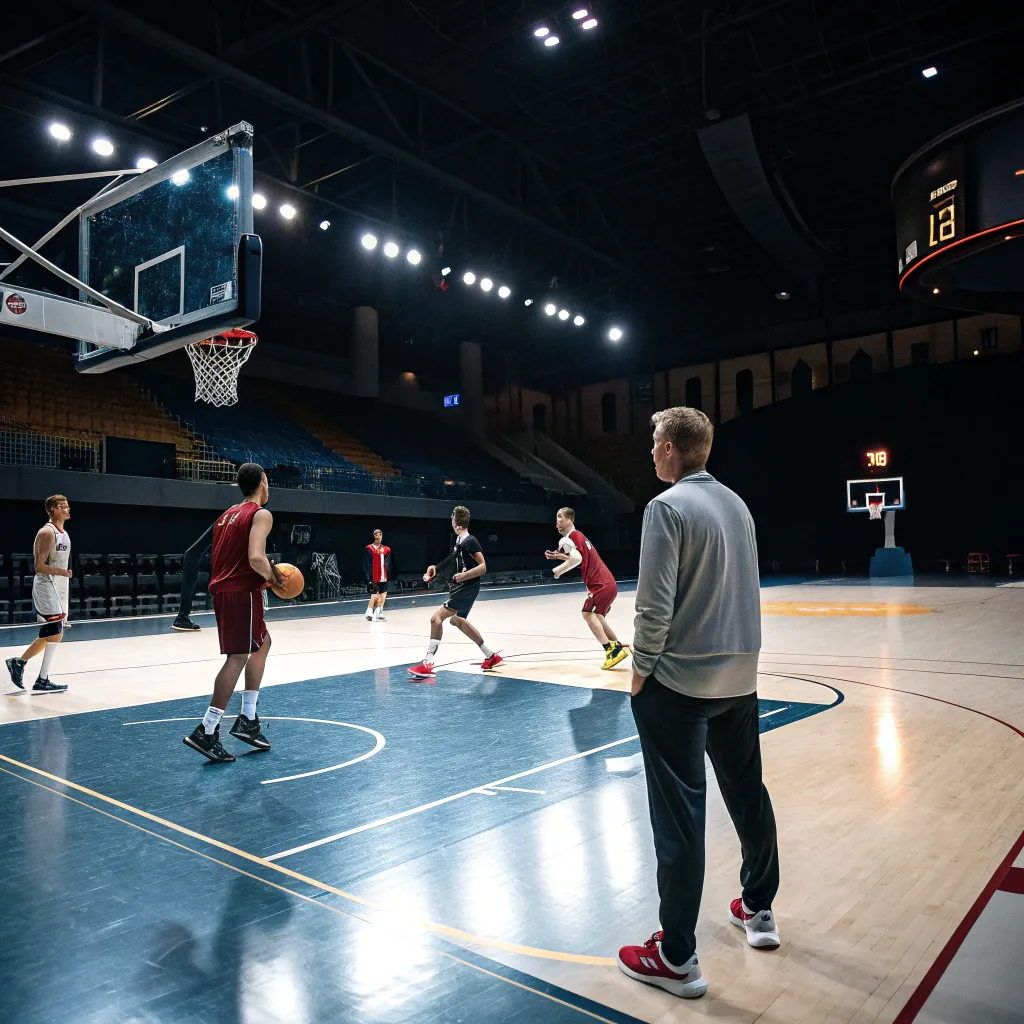 Basketball court with players and coach